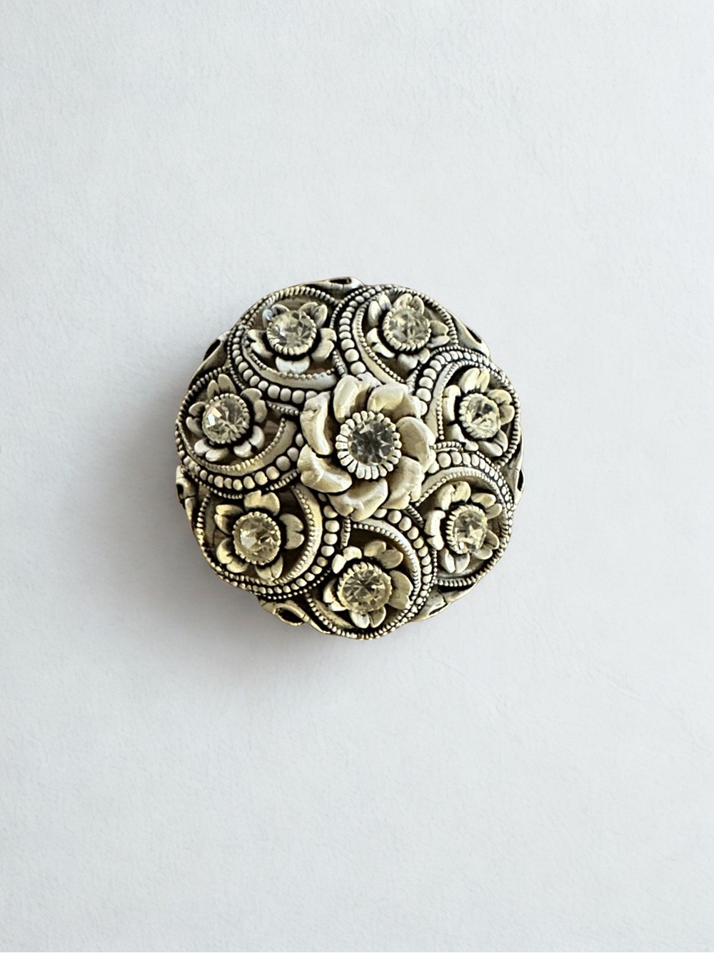 Vintage Molded Celluloid Floral Brooch Rhinestone Centers 1.25" Dome Pin